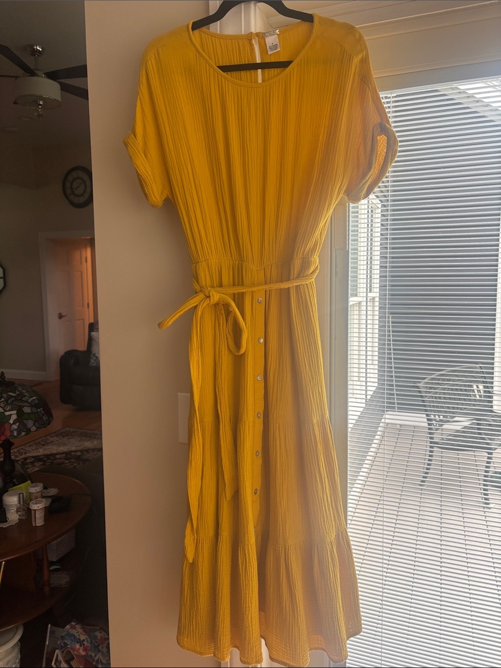 Magaschoni Mustard Yellow Button-Front Midi Dress with Tie Waist